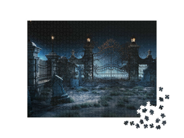 Puzzle de 1000 pièces « Cimetière gothique avec porte en fer et lanternes »