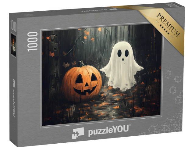 Puzzle de 1000 pièces « Deux amis à Halloween, citrouille et fantôme »