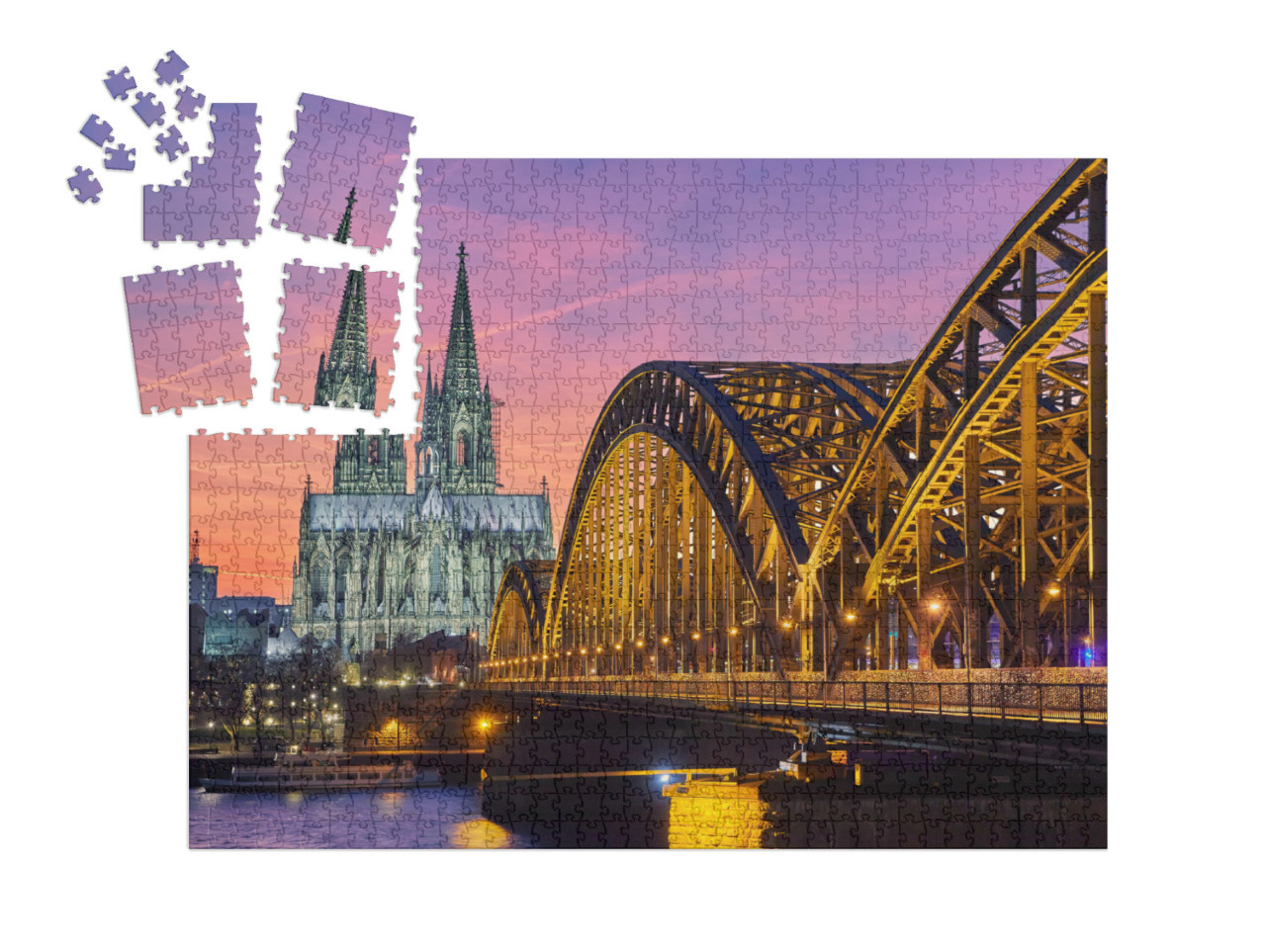 SMART SORTED® | Puzzle photo 1000 pièces « La cathédrale de Cologne et le pont Hohenzollern au coucher du soleil »