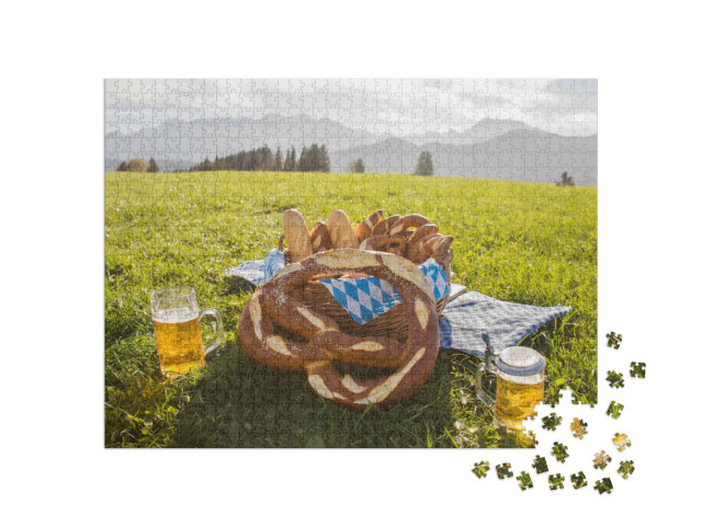 Puzzle de 1000 pièces « Bretzels à la bière, casse-croûte en Bavière, Allgäu, Allemagne »