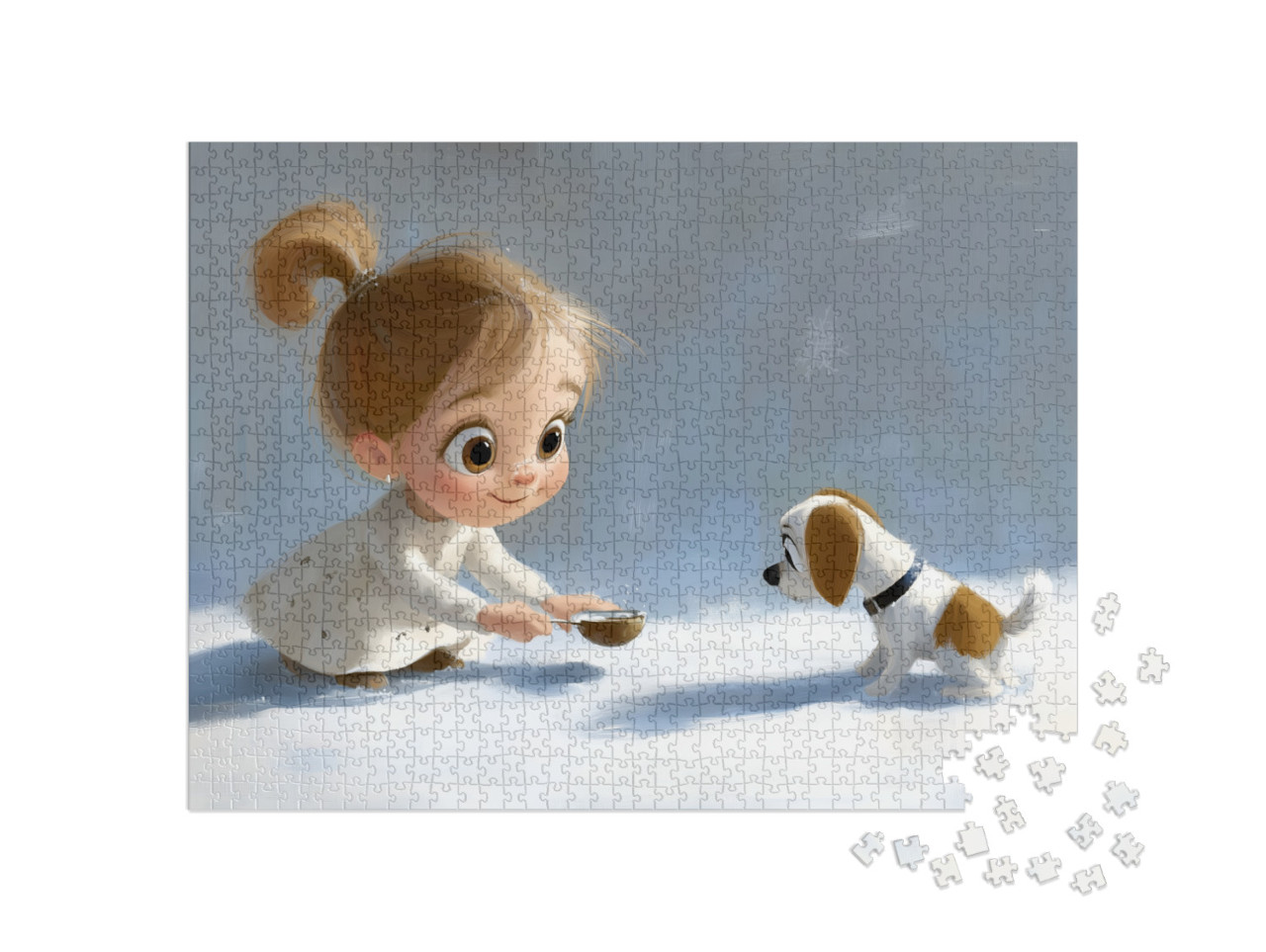 Puzzle de 1000 pièces « Une fillette nourrit un petit chien dans la neige »