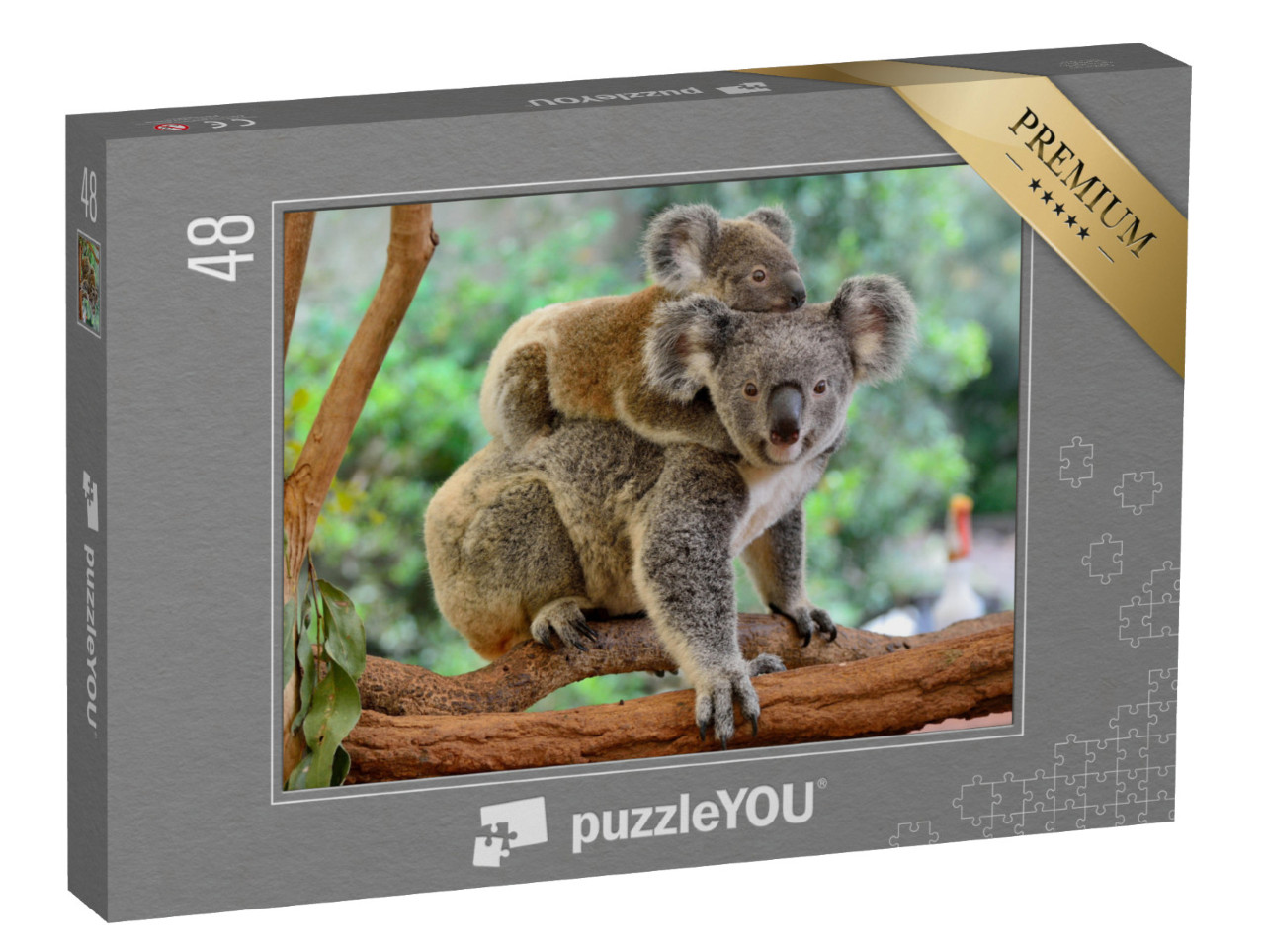 Puzzle de 48 pièces « Mère koala avec bébé sur le dos sur un eucalyptus »