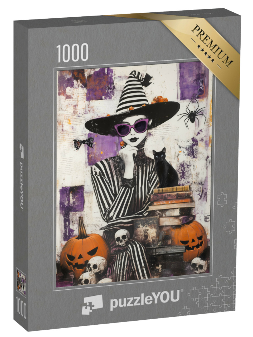 Puzzle de 1000 pièces « Sorcière noire et blanche parmi les livres et les citrouilles »