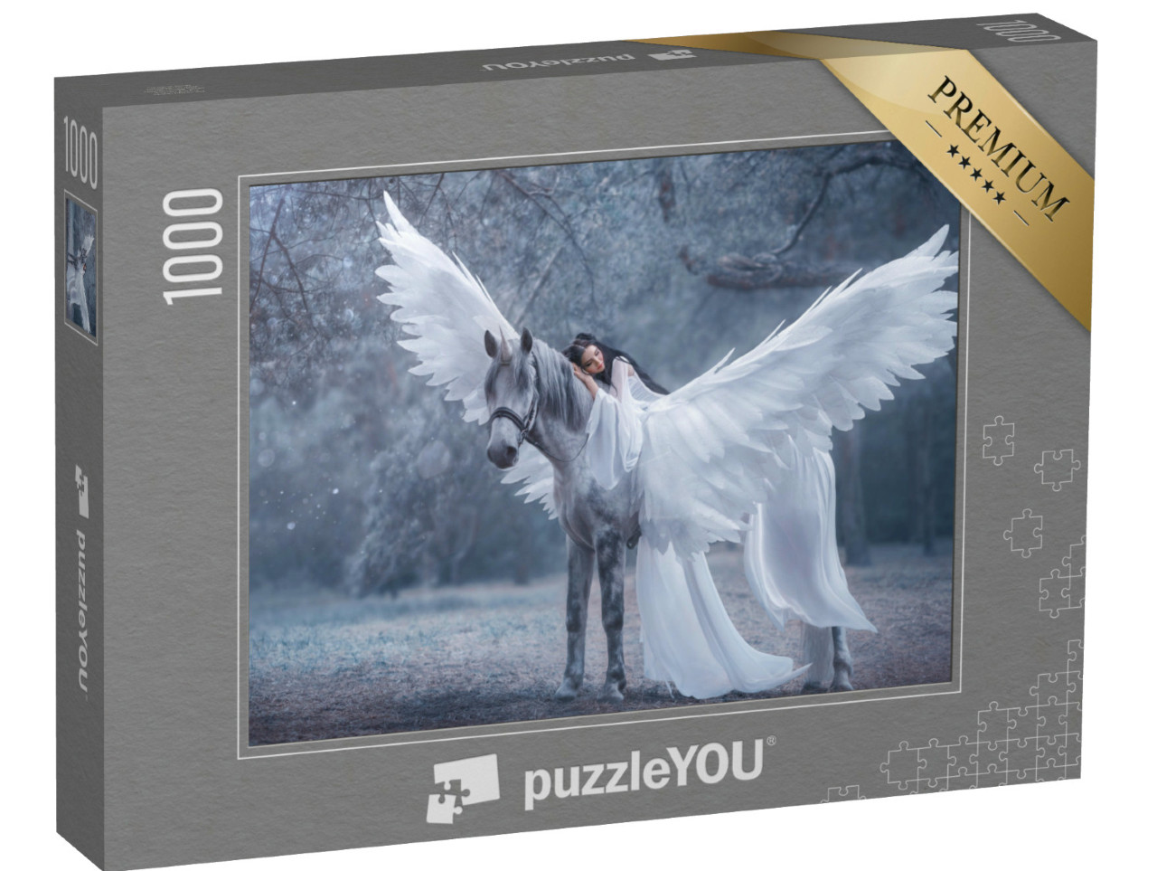 Puzzle de 1000 pièces « L'elfe de la forêt de glace sur sa licorne ailée »