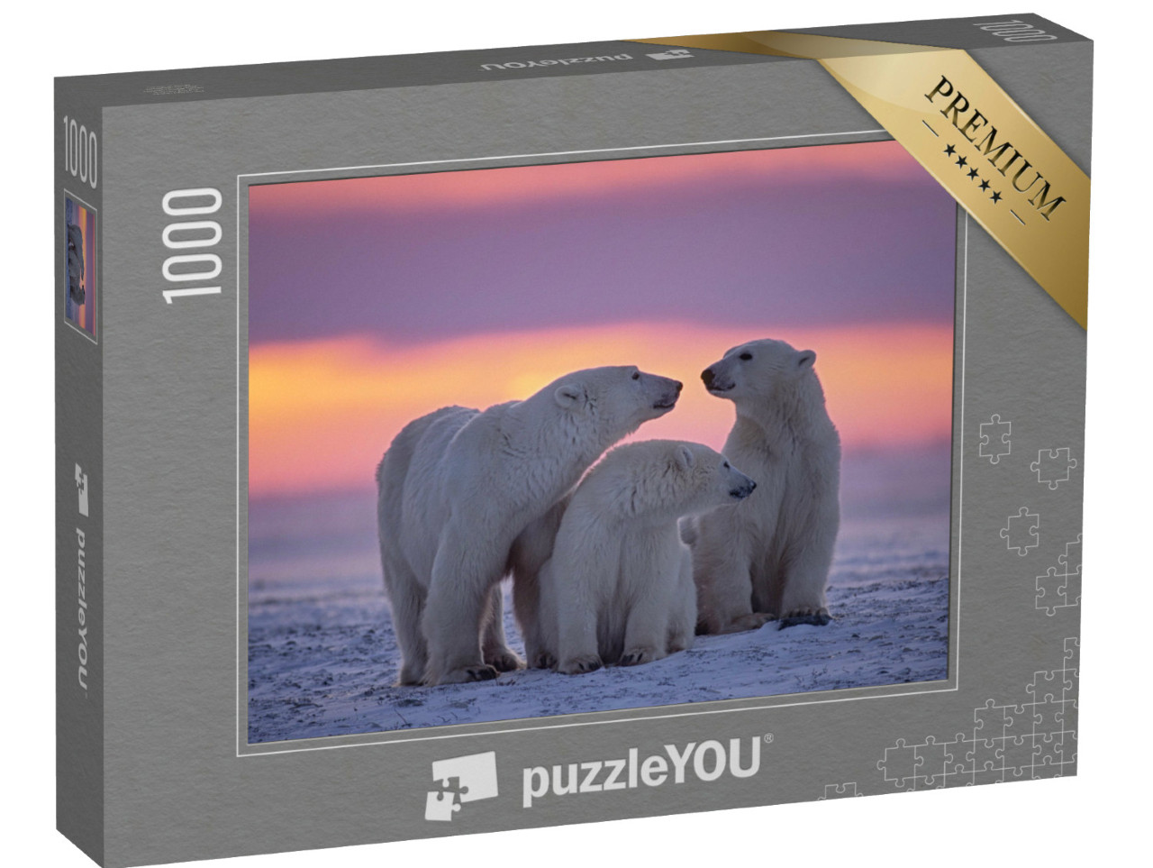 Puzzle de 1000 pièces « Famille d'ours polaires au coucher du soleil dans l'Arctique canadien »