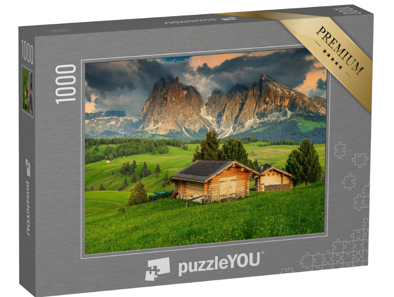 Puzzle de 1000 pièces « Printemps sur l'Alpe de Siusi avec le groupe du Sassolungo, Dolomites, Italie »