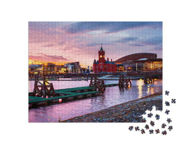Puzzle de 1000 pièces « Waterfront de nuit, coucher de soleil à Cardiff, Pays de Galles »