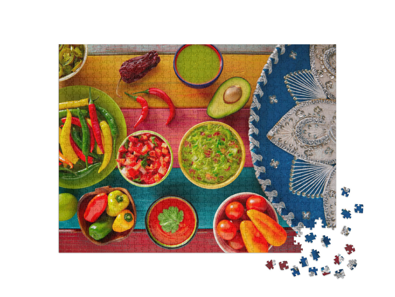 Puzzle de 1000 pièces « Des recettes mexicaines : Nachos au guacamole, sauce au chili et pico de gallo »