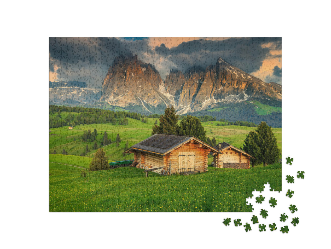 Puzzle de 1000 pièces « Printemps sur l'Alpe de Siusi avec le groupe du Sassolungo, Dolomites, Italie »
