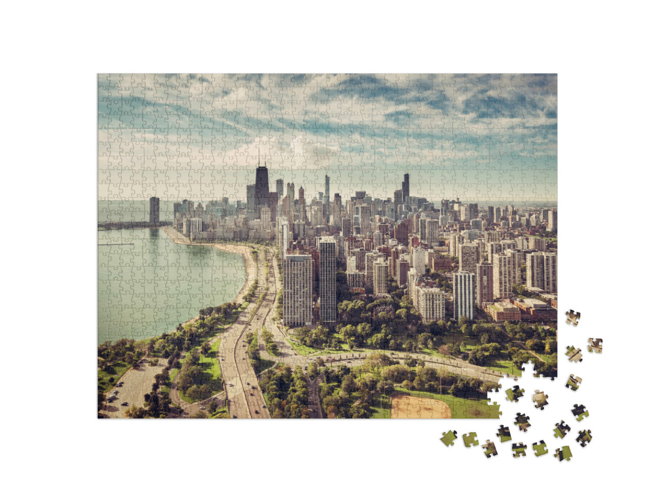 Puzzle de 1000 pièces « Chicago Skyline avec rue sur la plage vue du ciel »