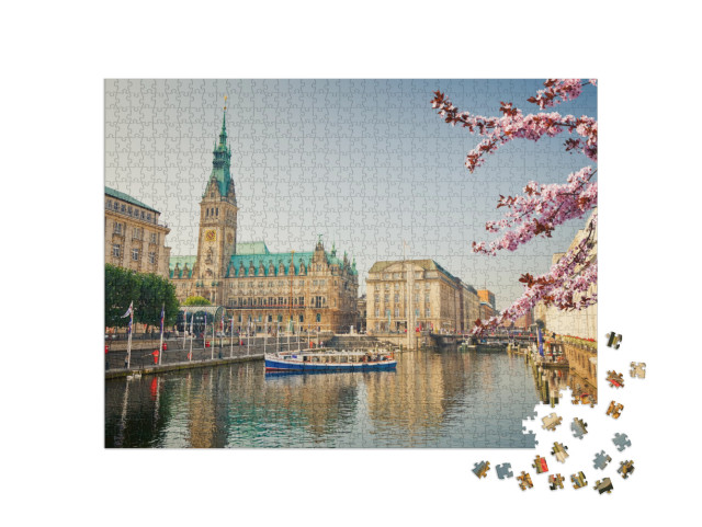 Puzzle de 1000 pièces « L'hôtel de ville de Hambourg et l'Alster au printemps »