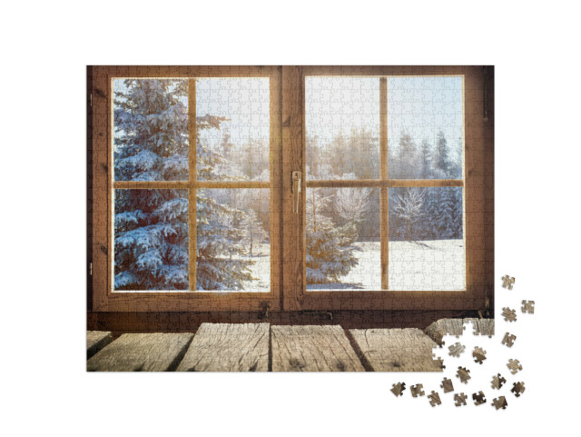 Puzzle de 1000 pièces « Vue sur la forêt hivernale enneigée à travers une fenêtre de cabane »