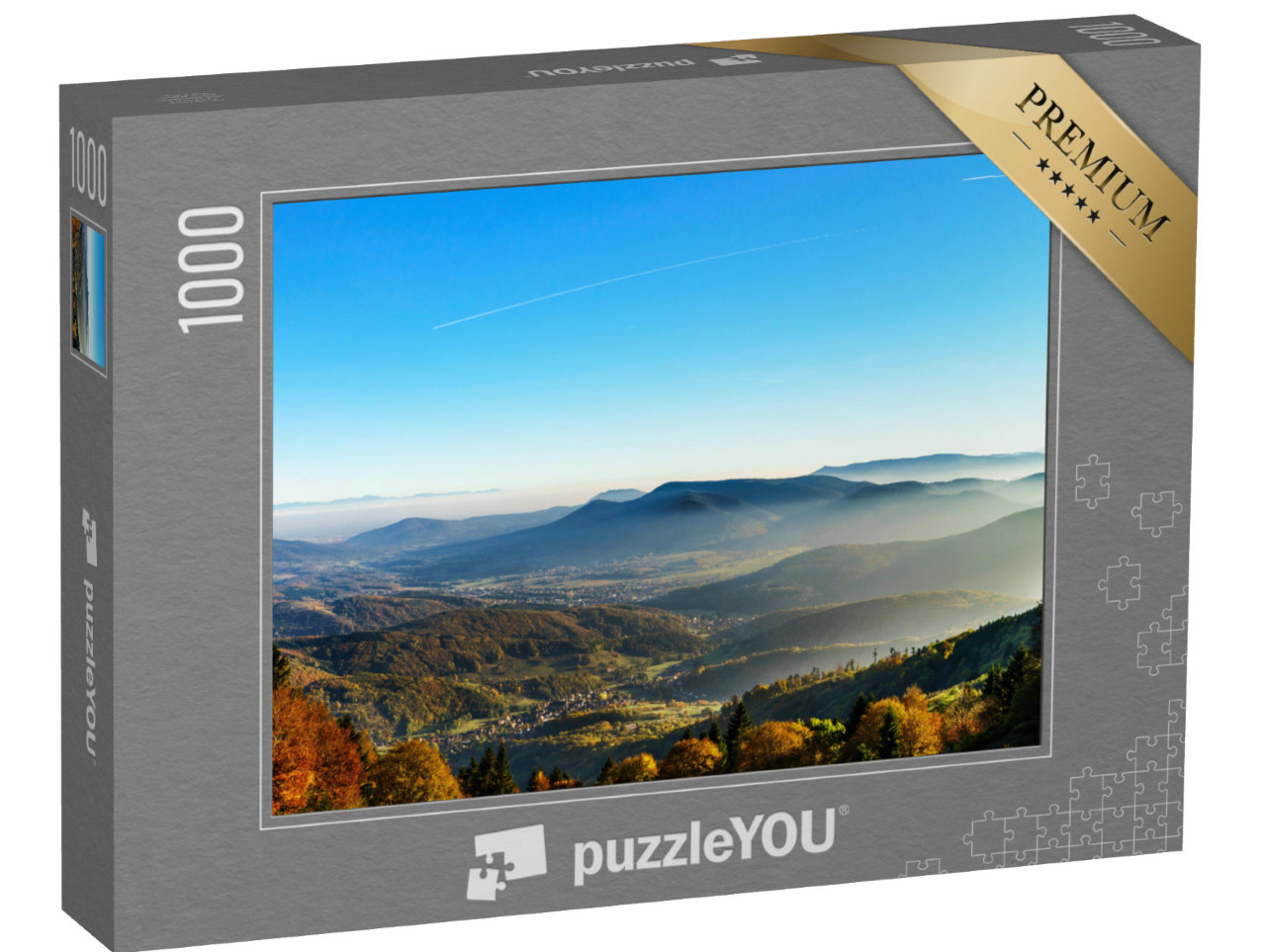 Puzzle de 1000 pièces « Vue aérienne de montagnes automnales colorées, coucher de soleil brumeux, Vosges, Alsace, France »