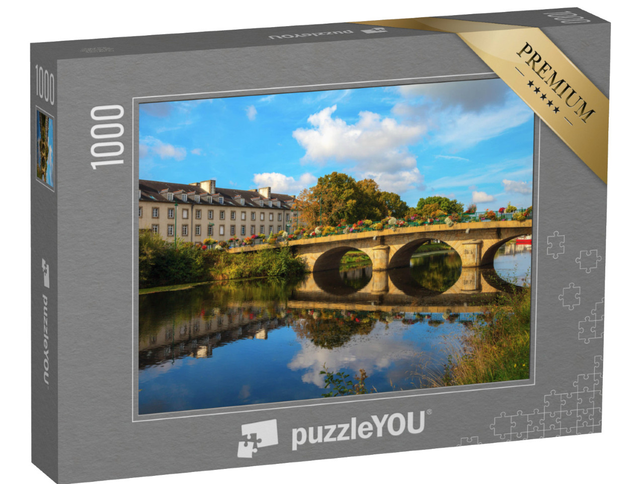 Puzzle de 1000 pièces « Reflet d'un pont sur le canal Nantes-Brest à Pontivy en Bretagne France »