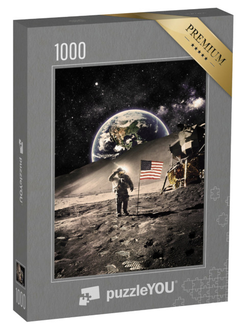 Puzzle de 1000 pièces « Astronaute vintage avec drapeau sur la lune »