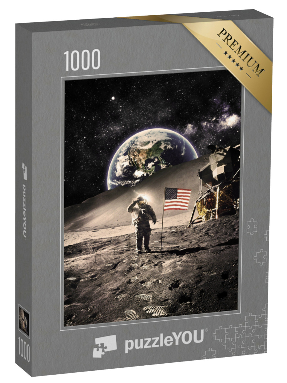 Puzzle de 1000 pièces « Astronaute vintage avec drapeau sur la lune »