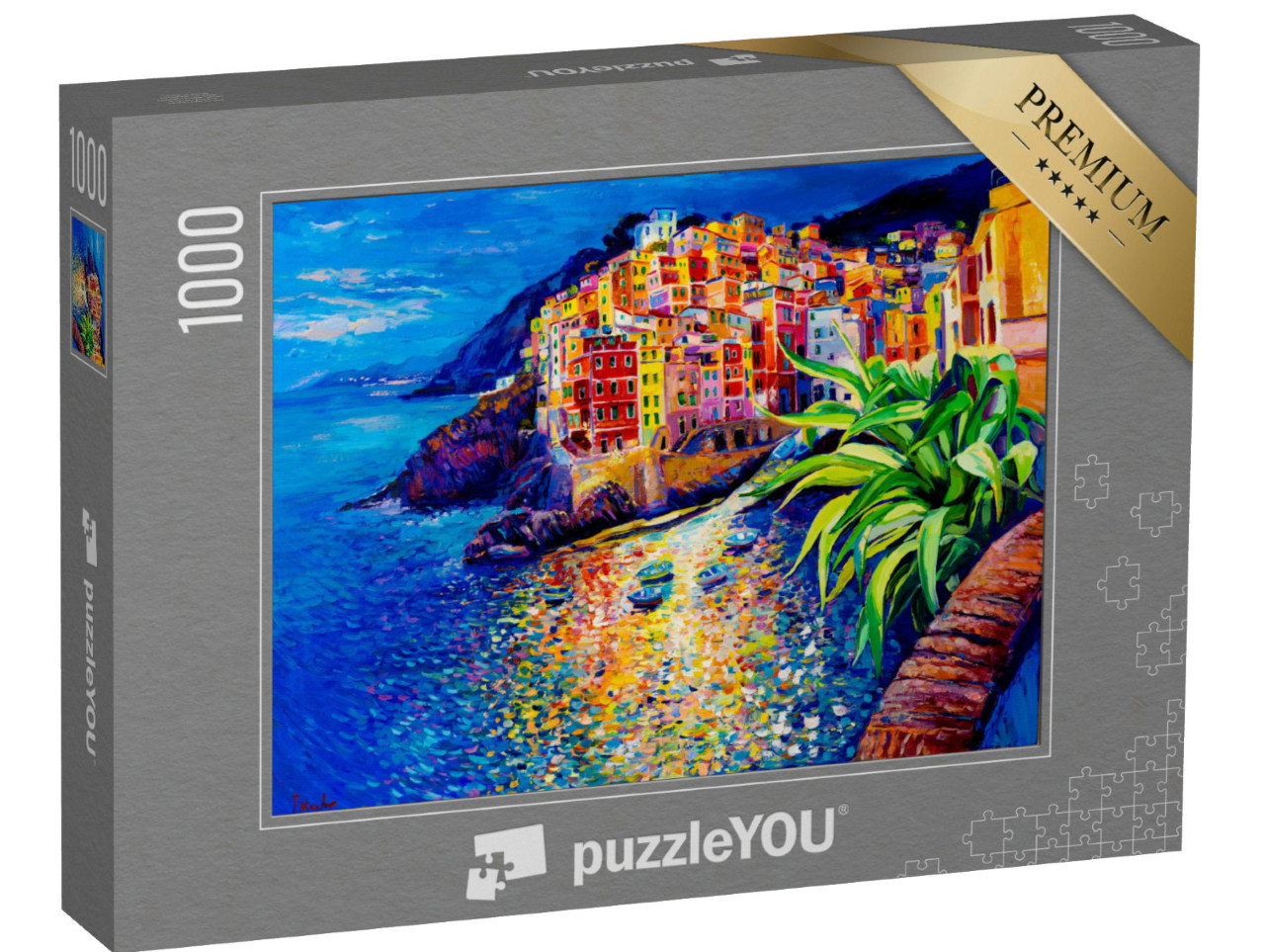 Puzzle de 1000 pièces « Peinture à l'huile : village coloré au bord de la mer »