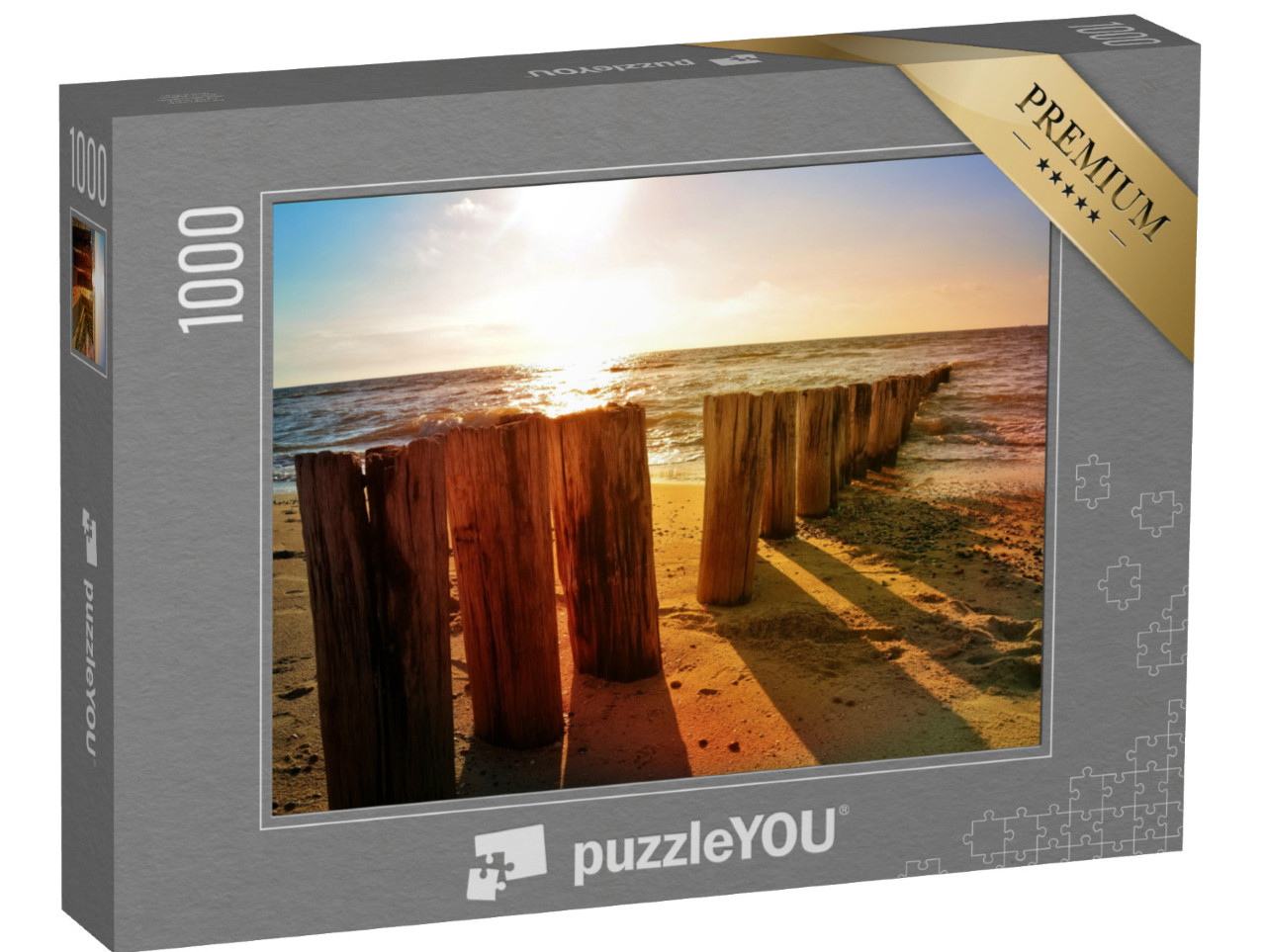 Puzzle de 1000 pièces « Épis en bois sur la plage de la mer du Nord au coucher du soleil »