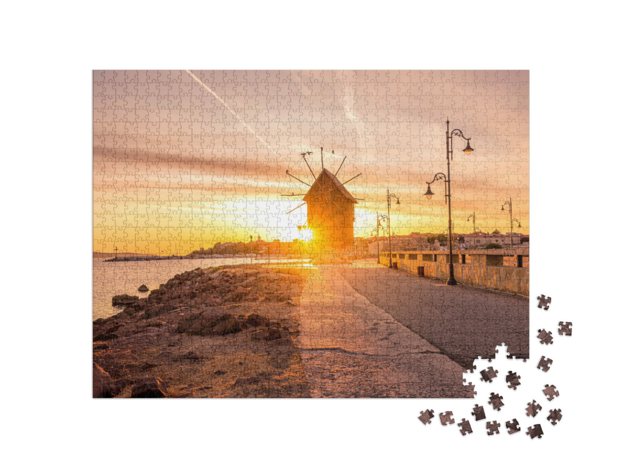 Puzzle de 1000 pièces « Vieux moulin à vent au lever du soleil, Nesseba, Bulgarie »