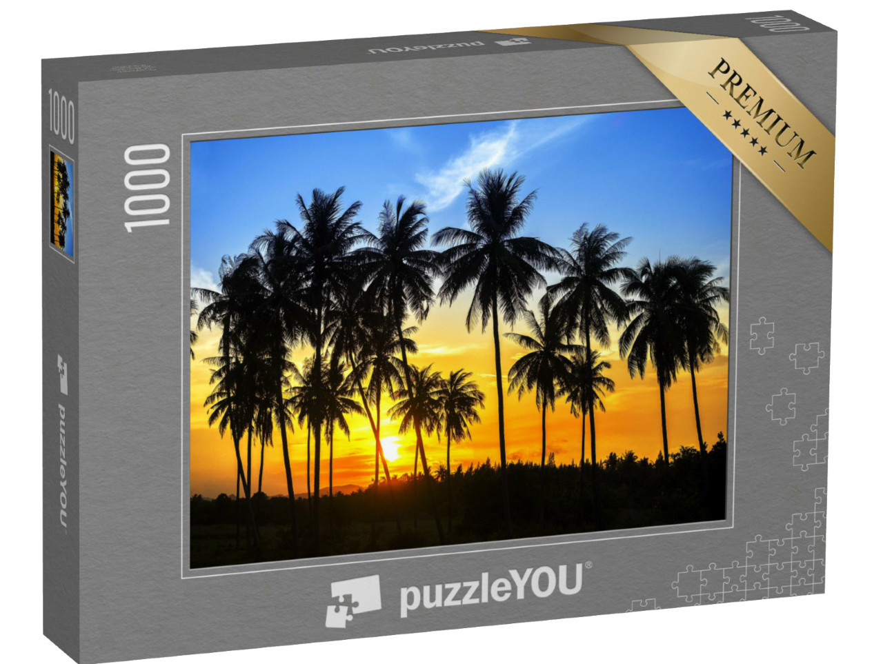 Puzzle de 1000 pièces « Silhouettes de cocotiers dans un coucher de soleil coloré »