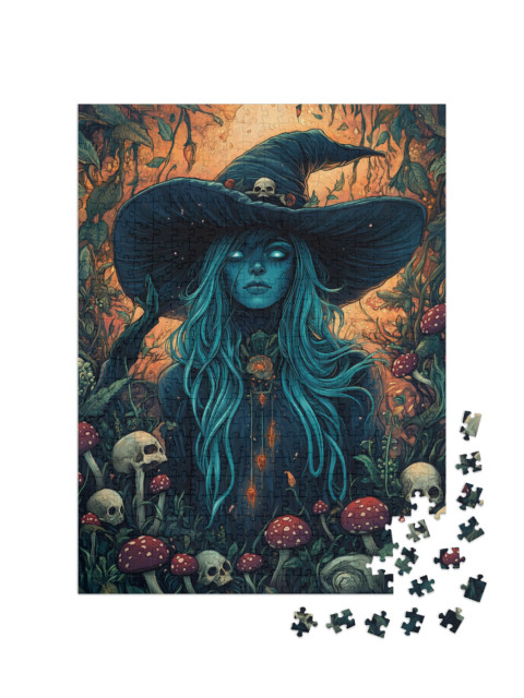 Puzzle de 500 pièces « Sorcière au milieu de têtes de mort »