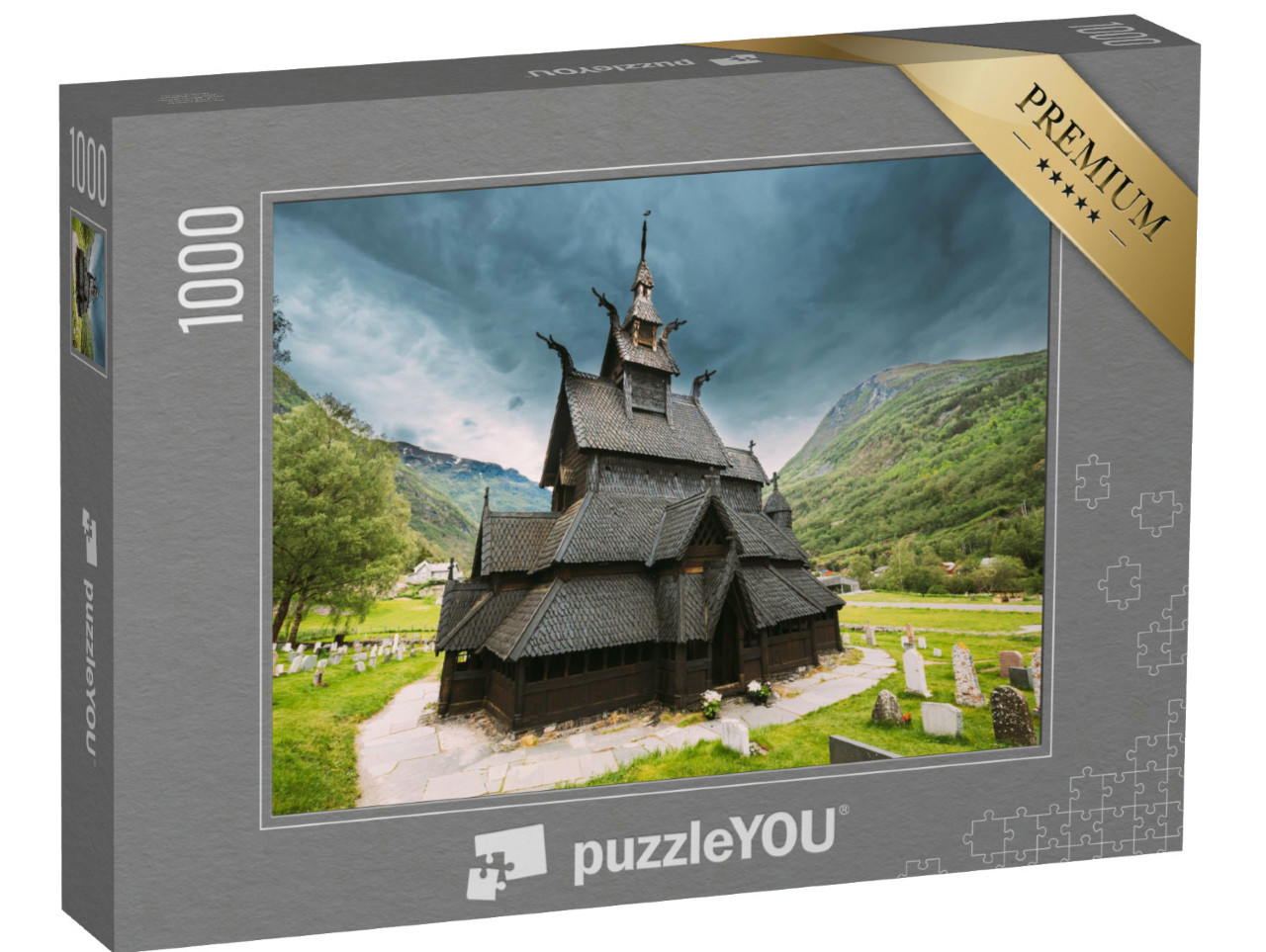 Puzzle de 1000 pièces « Stavkirke, une église en bois à trois nefs en forme de bâton, Borgund, Norvège »
