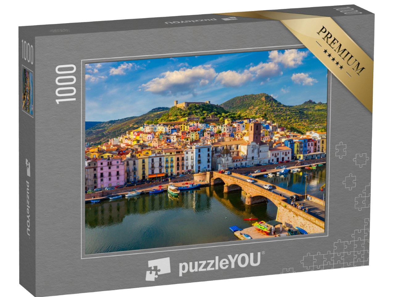 Puzzle de 1000 pièces « Vue aérienne du village de Bosa avec ses maisons colorées, Sardaigne »