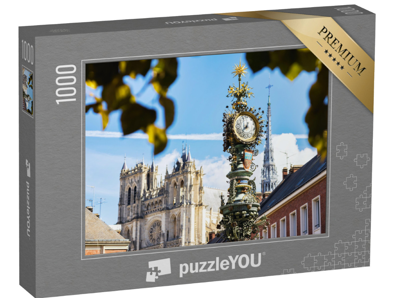 Puzzle de 1000 pièces « horloge de rue historique avec la célèbre cathédrale d'Amiens, Hauts-de-France, France »