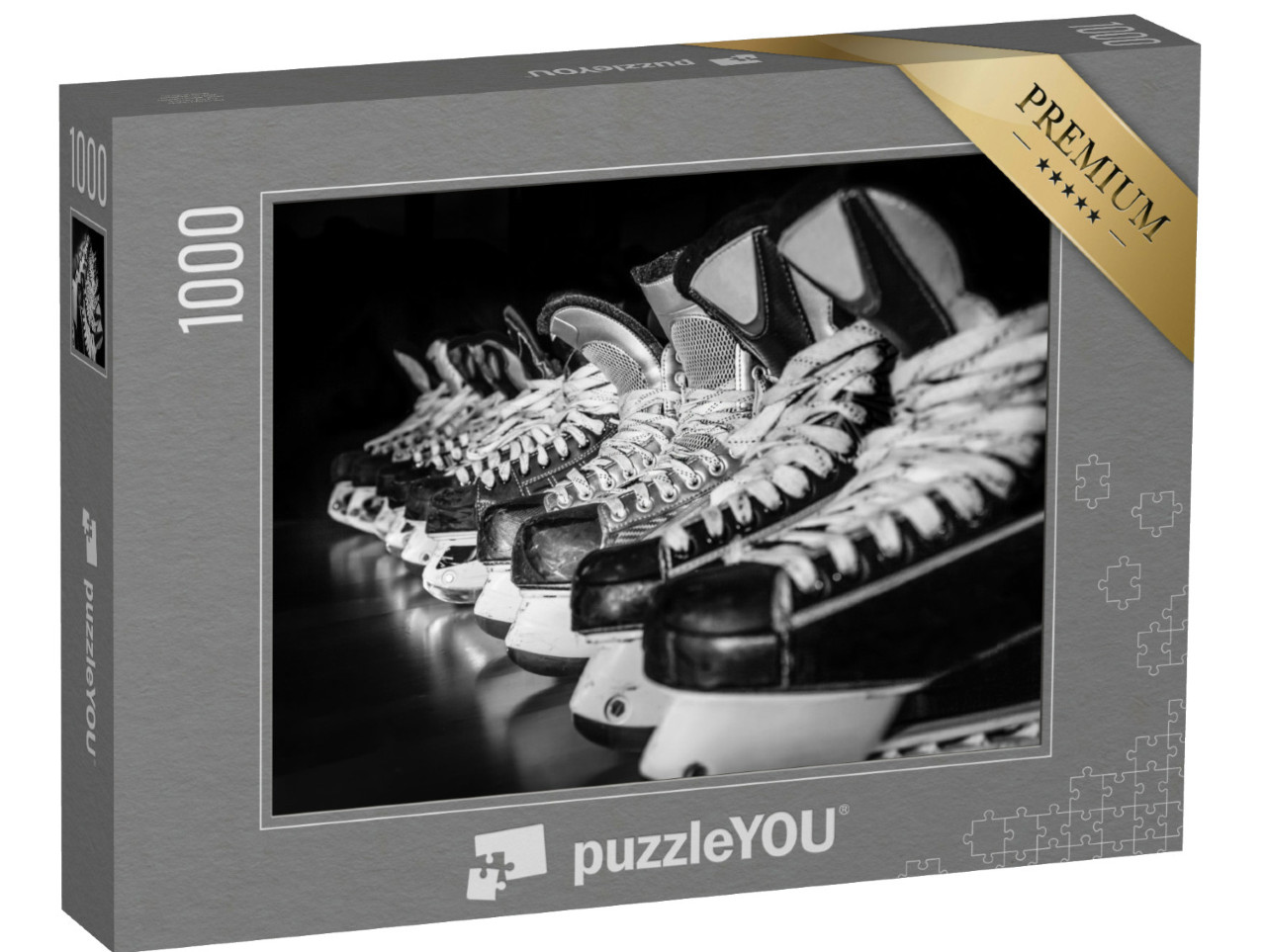 Puzzle de 1000 pièces « Une paire de patins de hockey sur glace dans un vestiaire »