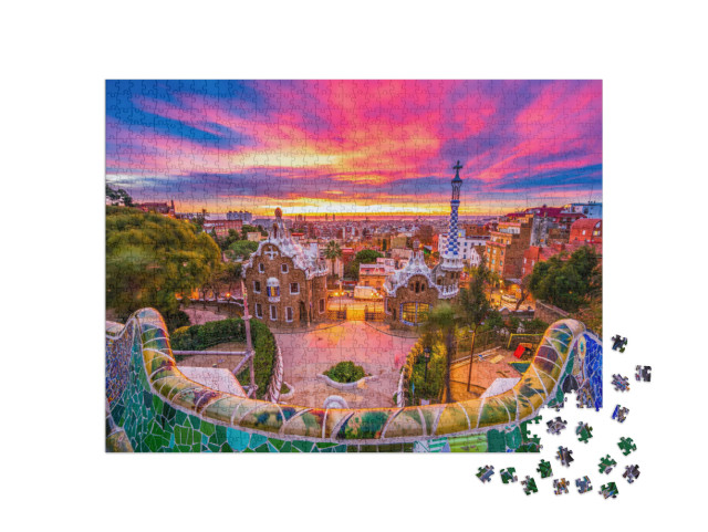 Puzzle de 1000 pièces « Lever de soleil sur le parc Güell, patrimoine mondial de l'UNESCO, Barcelone, Espagne »