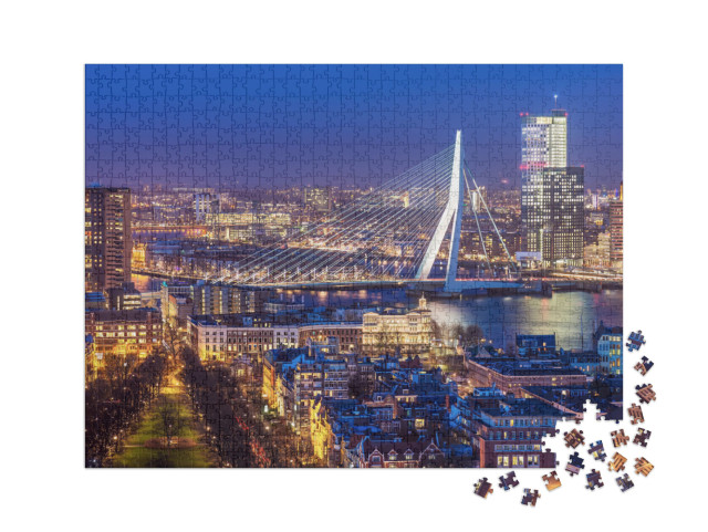 Puzzle 1000 pièces XXL « Skyline de Rotterdam avec le pont Erasmus, Pays-Bas »
