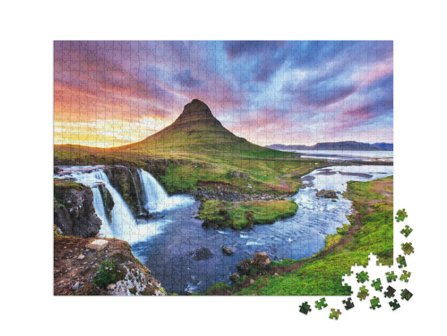 Puzzle 1000 pièces XXL « Coucher de soleil sur le mont Kirkjufell, Islande »