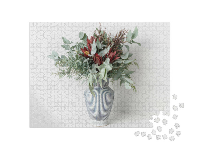 Puzzle de 1000 pièces « Silvan Reds, feuillage de wattle et feuilles d'eucalyptus comme bouquet de fleurs australien »
