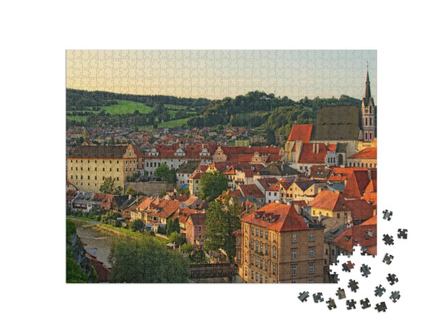 Puzzle de 1000 pièces « Vue matinale de la ville avec des toits de tuiles rouges, Krumau, République tchèque »