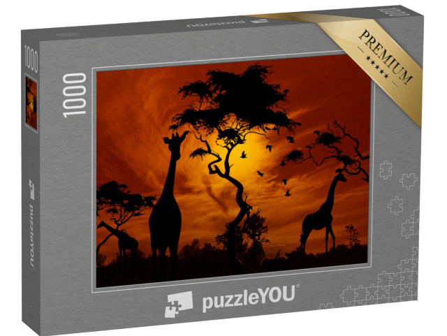 Puzzle de 1000 pièces « Girafes dans un coucher de soleil incandescent »