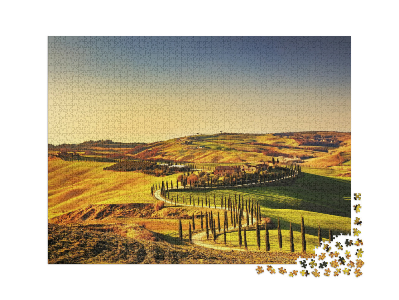 Puzzle de 2000 pièces « Coucher de soleil sur la Toscane avec des cyprès, Italie »
