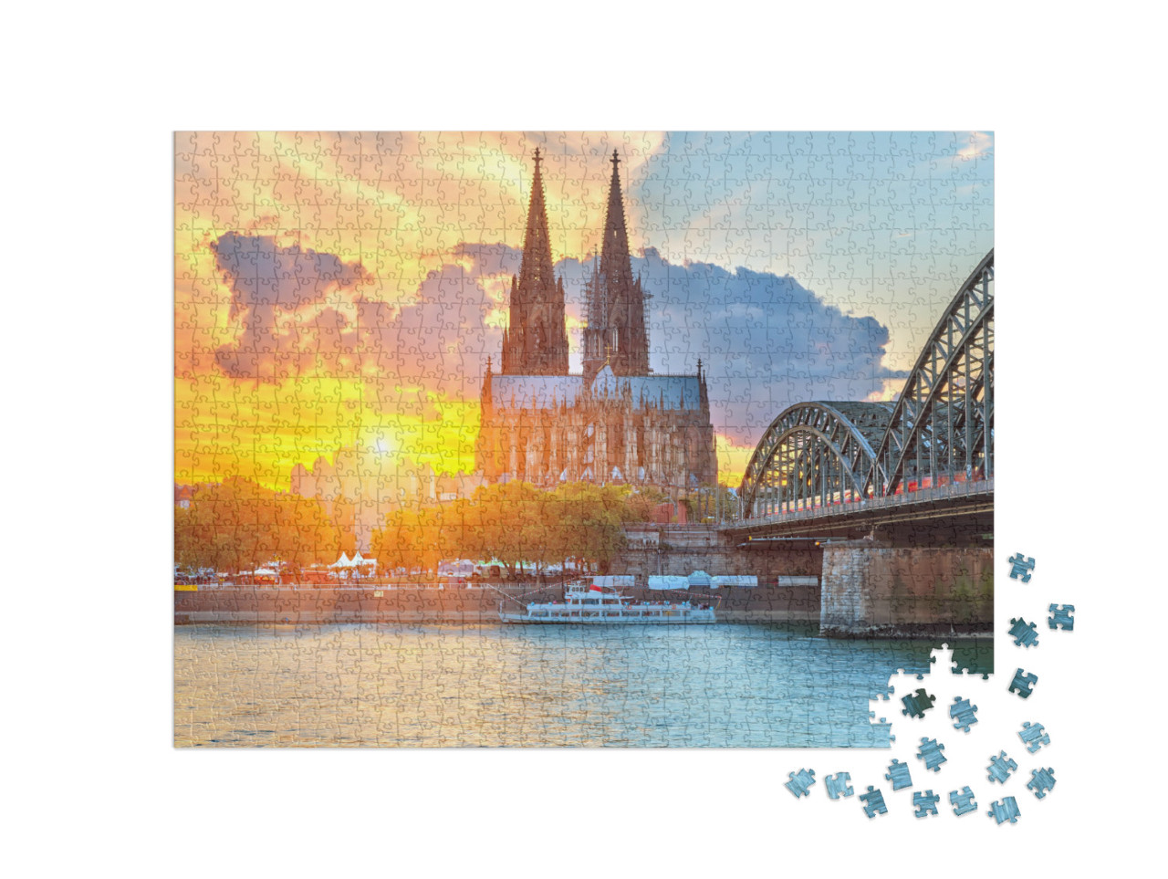 Puzzle de 1000 pièces « Vue sur la cathédrale de Cologne au coucher du soleil doré »