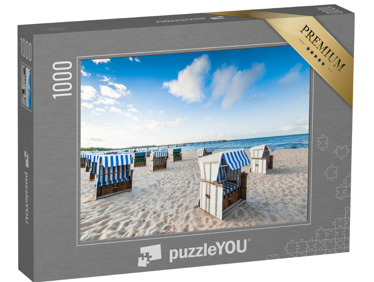 Puzzle de 1000 pièces « Chaises de plage sur la plage de sable vide de la mer Baltique »