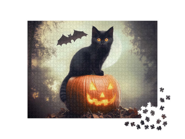 Puzzle de 1000 pièces « Chat noir assis sur une citrouille »
