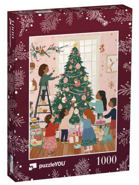 Puzzle de 1000 pièces « Les enfants décorent ensemble le sapin de Noël »