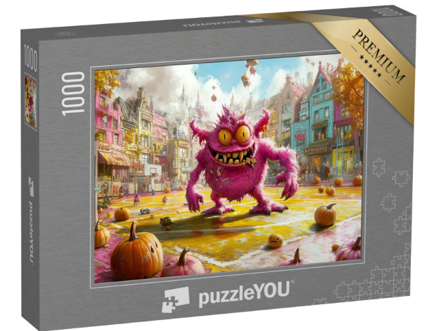 Puzzle de 1000 pièces « Monstre violet sur un terrain de basket-ball à Halloween »