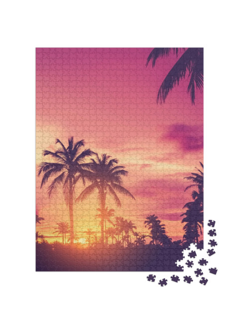 Puzzle de 1000 pièces « Palmiers dans un coucher de soleil pourpre vif »