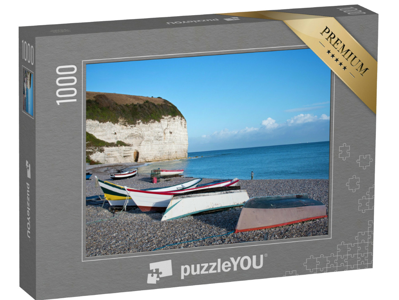 Puzzle de 1000 pièces « Plage d'Yport avec ses bateaux de pêche colorés et la Falaise d'Aval le matin »
