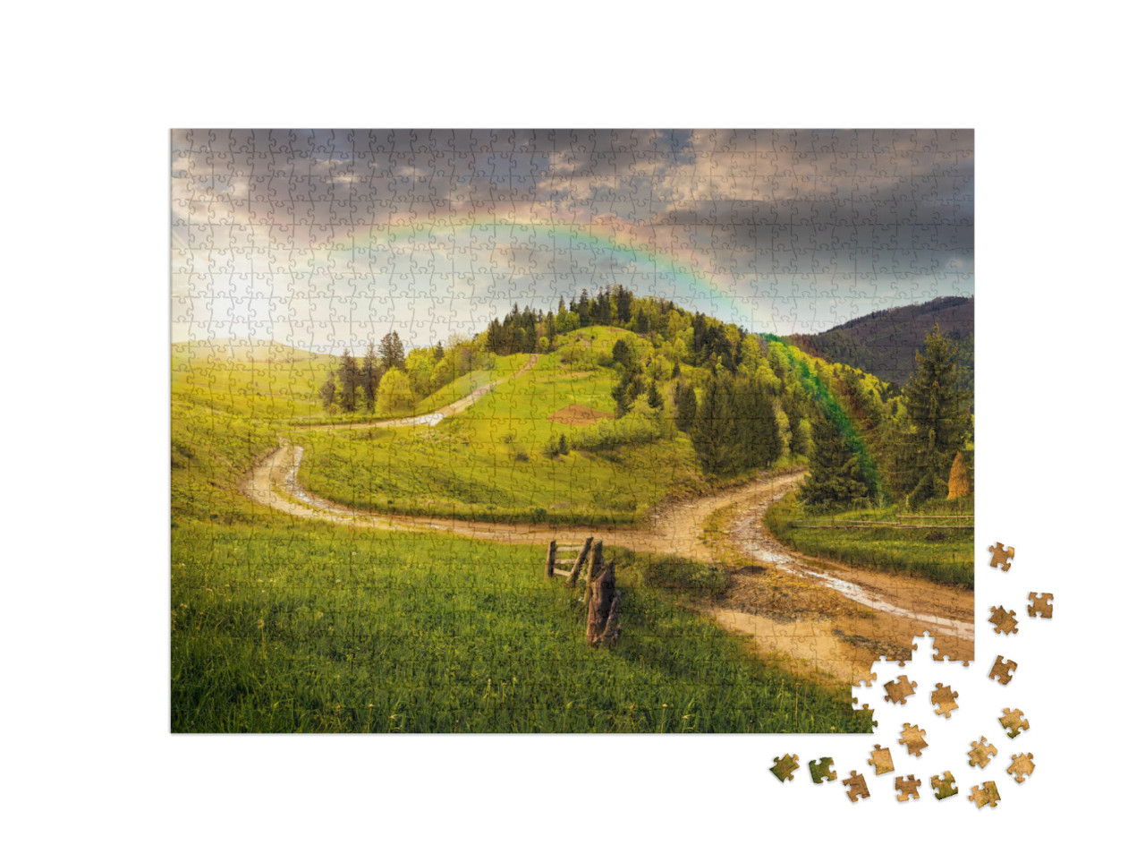 Puzzle de 1000 pièces « Magnifique paysage de collines vertes avec des bouquets de pluie »