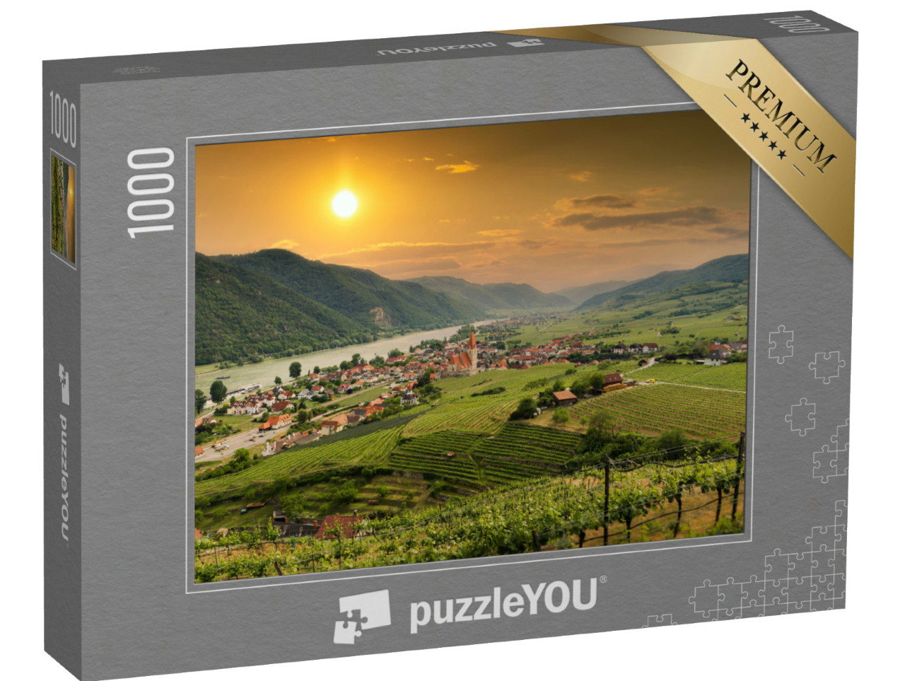 Puzzle de 1000 pièces « Vue sur la vallée de la Wachau avec le Danube et la ville de Weißenkirchen »