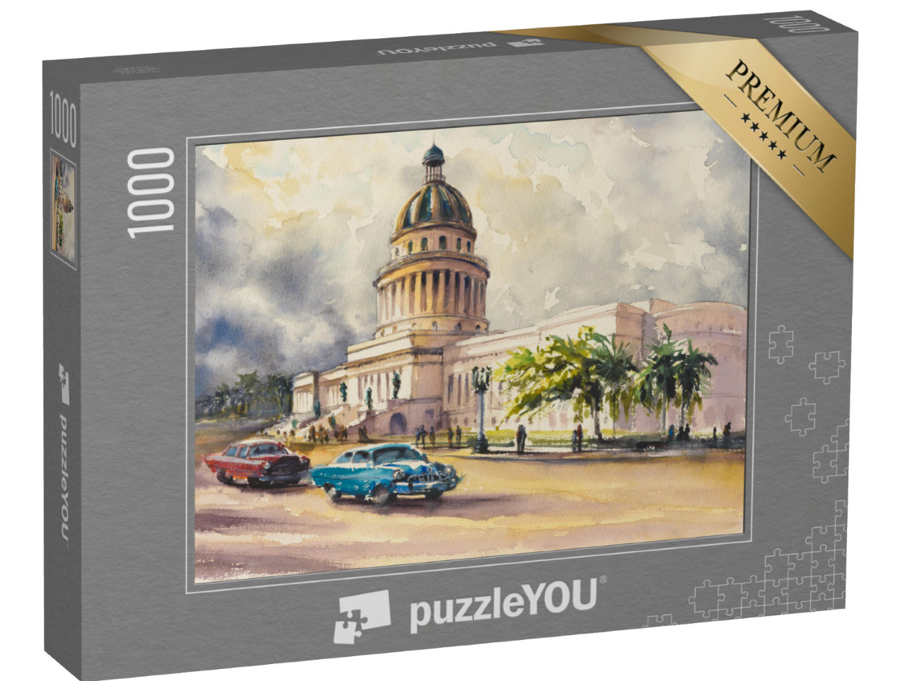 Puzzle de 1000 pièces « Vieilles voitures américaines devant le Capitole, La Havane, Cuba »