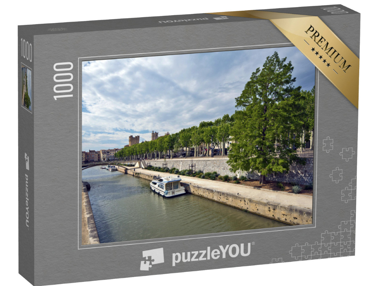 Puzzle de 1000 pièces « Vue du canal de la Robine sur le centre historique de la ville de Narbonne, Languedoc-Roussillon »