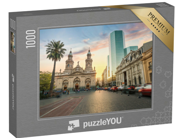 Puzzle de 1000 pièces « Plaza de Armas : Cathédrale métropolitaine de Santiago au coucher du soleil, Chili »
