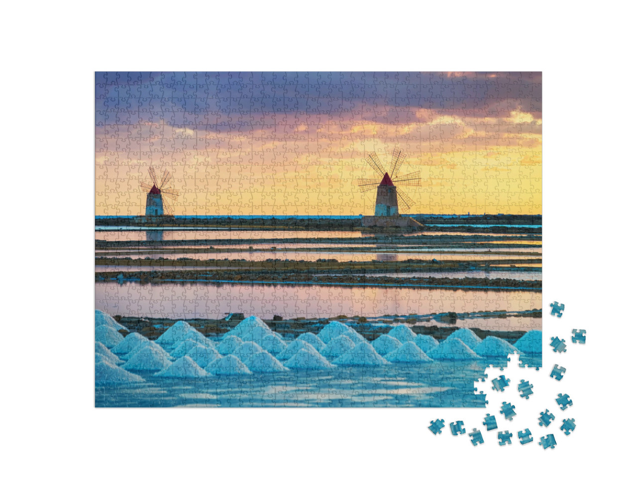 Puzzle de 1000 pièces « Moulins à vent dans les salines de Marsala, Sicile »