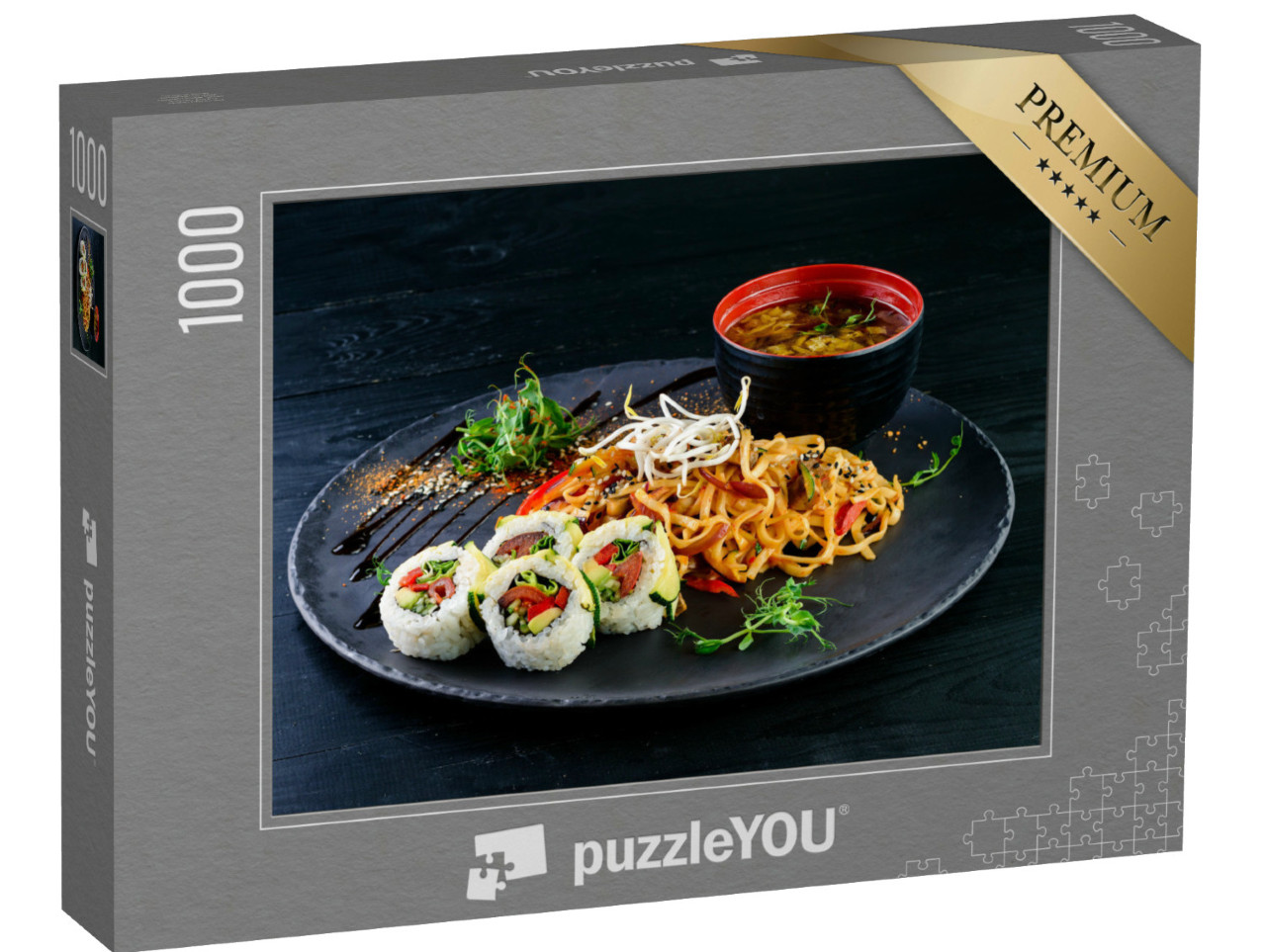 Puzzle de 1000 pièces « Repas asiatiques avec nouilles, poulet et sushis »